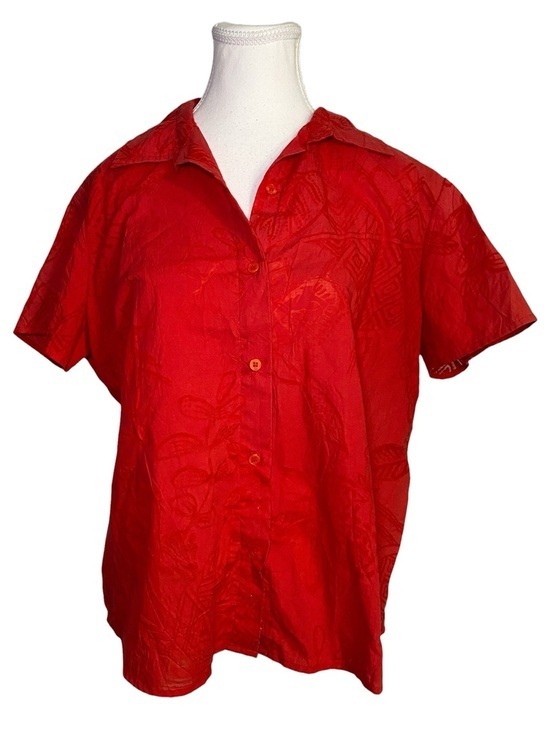 Kim Rogers Tops - Kim Rogers Vintage Y2K Red Crinkle Texture Button Front Collared Blouse